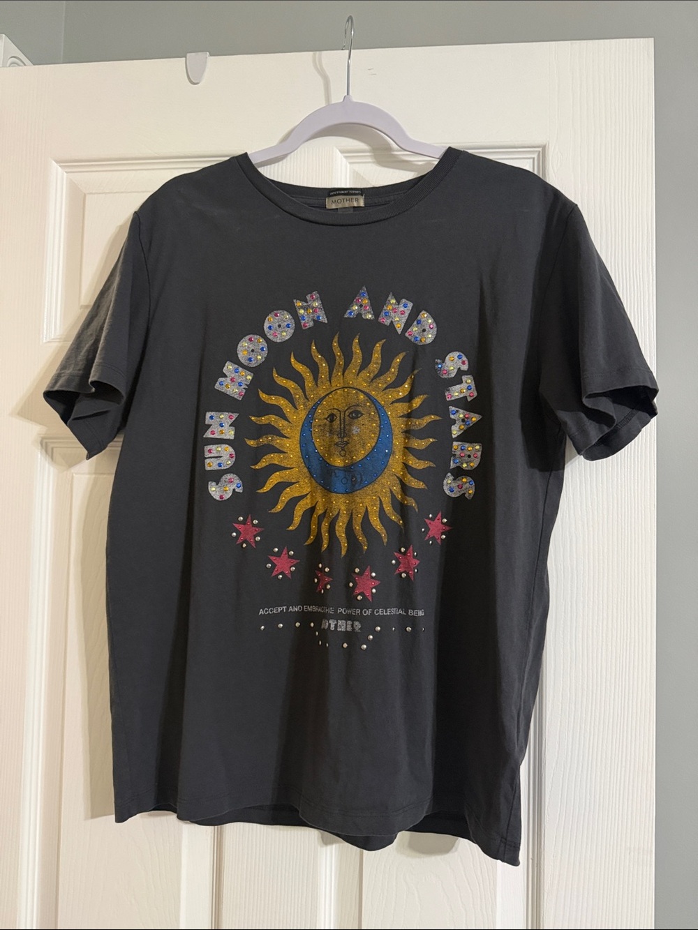 MOTHER Sun Moon and Stars Graphic Tee - Black with Gold & Blue Sun - bedazzled